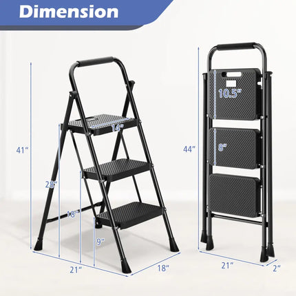 Portable Folding 3 Step Ladder with Wide Anti-Slip Pedal and Convenient Handle-Black - Black - Ladders