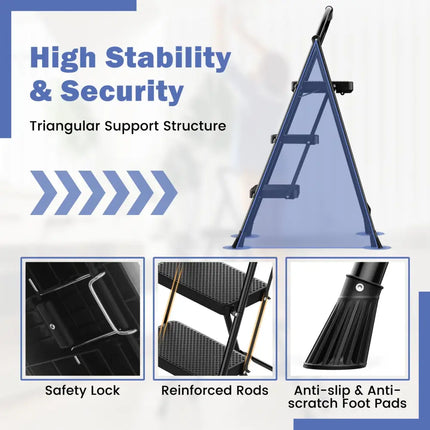 Portable Folding 3 Step Ladder with Wide Anti-Slip Pedal and Convenient Handle-Black - Black - Ladders
