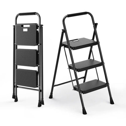 Portable Folding 3 Step Ladder with Wide Anti-Slip Pedal and Convenient Handle-Black - Black - Ladders