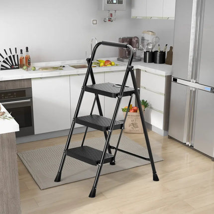 Portable Folding 3 Step Ladder with Wide Anti-Slip Pedal and Convenient Handle-Black - Black - Ladders