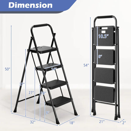 Portable Folding 4 Step Ladder Stool for Adults with Wide Anti-Slip Pedal-Black - Black - Ladders