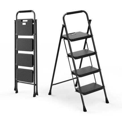Portable Folding 4 Step Ladder Stool for Adults with Wide Anti-Slip Pedal-Black - Black - Ladders