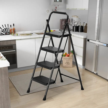 Portable Folding 4 Step Ladder Stool for Adults with Wide Anti-Slip Pedal-Black - Black - Ladders