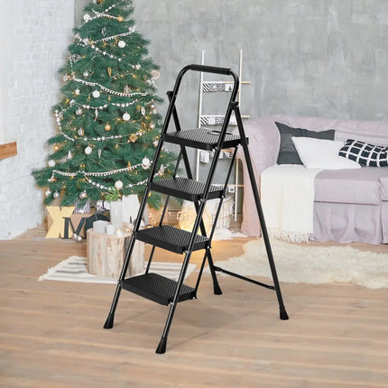 Portable Folding 4 Step Ladder Stool for Adults with Wide Anti-Slip Pedal-Black - Black - Ladders