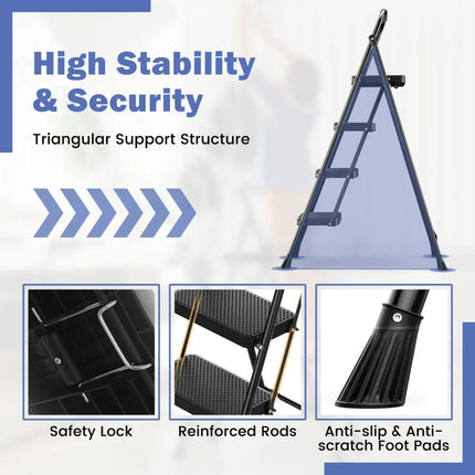 Portable Folding 4 Step Ladder Stool for Adults with Wide Anti-Slip Pedal-Black - Black - Ladders
