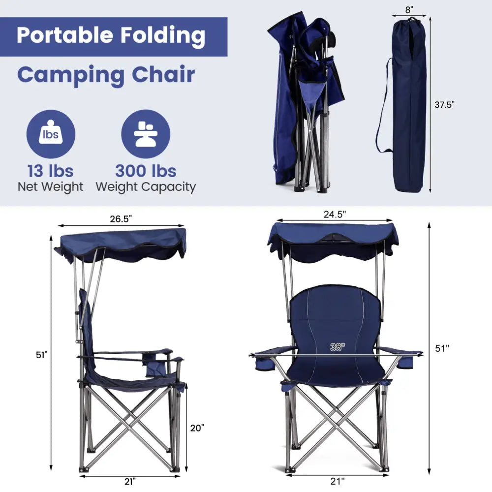 Portable Folding Beach Canopy Chair with Cup Holders-Blue - Blue - Camping Furniture