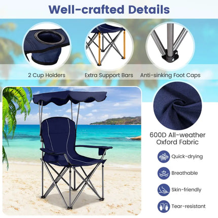 Portable Folding Beach Canopy Chair with Cup Holders-Blue - Blue - Camping Furniture