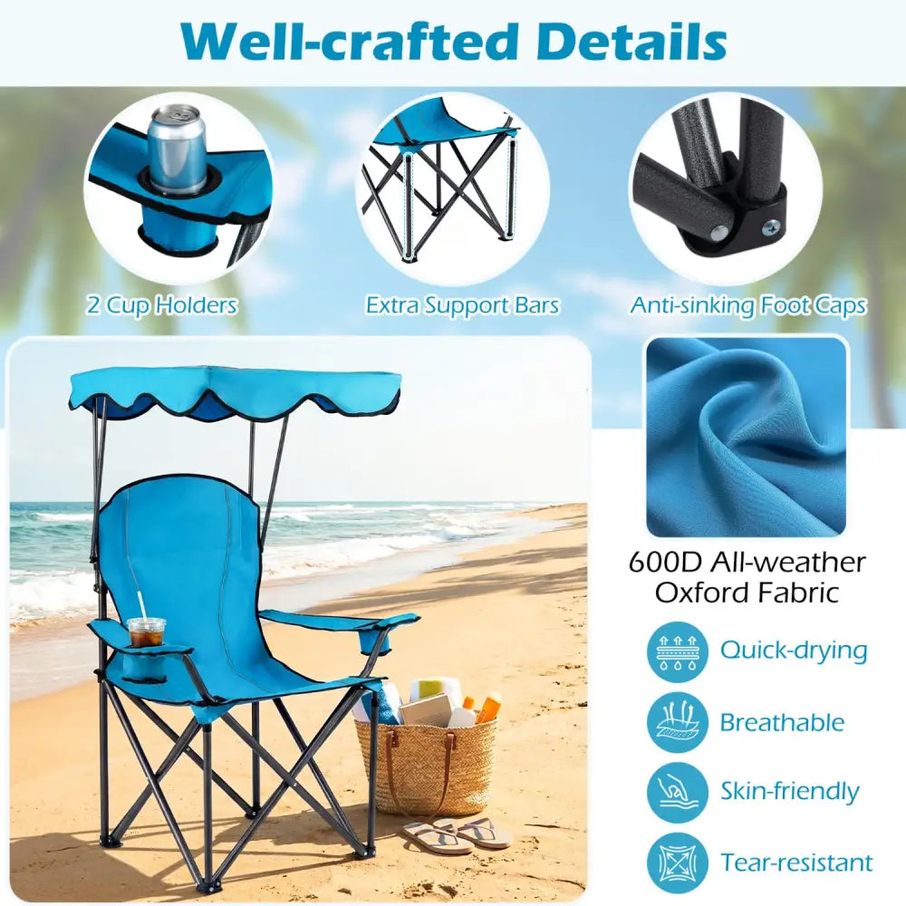Portable Folding Beach Canopy Chair with Cup Holders-Light Blue - Light Blue - Camping Furniture
