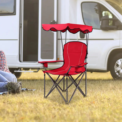 Portable Folding Beach Canopy Chair with Cup Holders-Red - Red - Camping Furniture