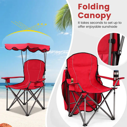 Portable Folding Beach Canopy Chair with Cup Holders-Red - Red - Camping Furniture