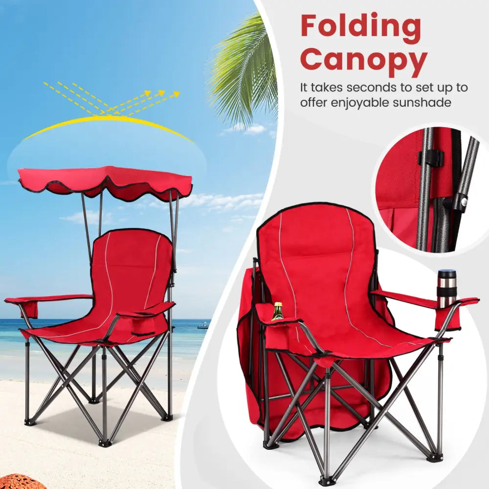 Portable Folding Beach Canopy Chair with Cup Holders-Red - Red - Camping Furniture