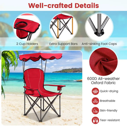Portable Folding Beach Canopy Chair with Cup Holders-Red - Red - Camping Furniture