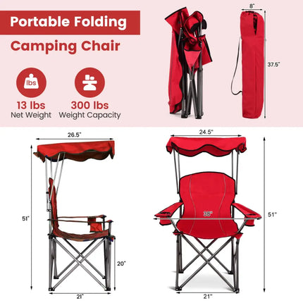 Portable Folding Beach Canopy Chair with Cup Holders-Red - Red - Camping Furniture