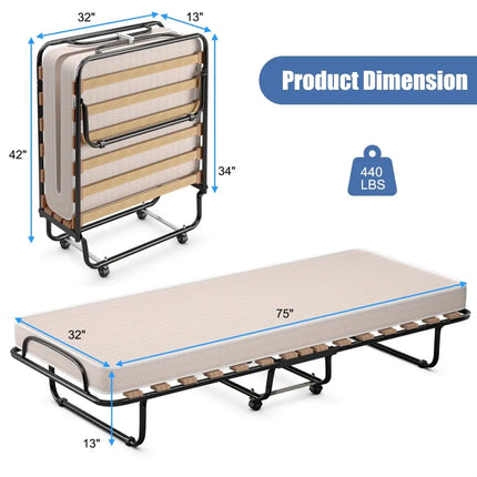 Portable Folding Bed with Memory Foam Mattress and Sturdy Metal Frame Made in Italy-Beige - Beige - Folding Beds
