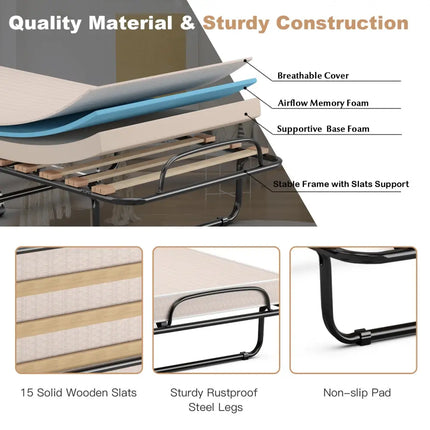 Portable Folding Bed with Memory Foam Mattress and Sturdy Metal Frame Made in Italy-Beige - Beige - Folding Beds