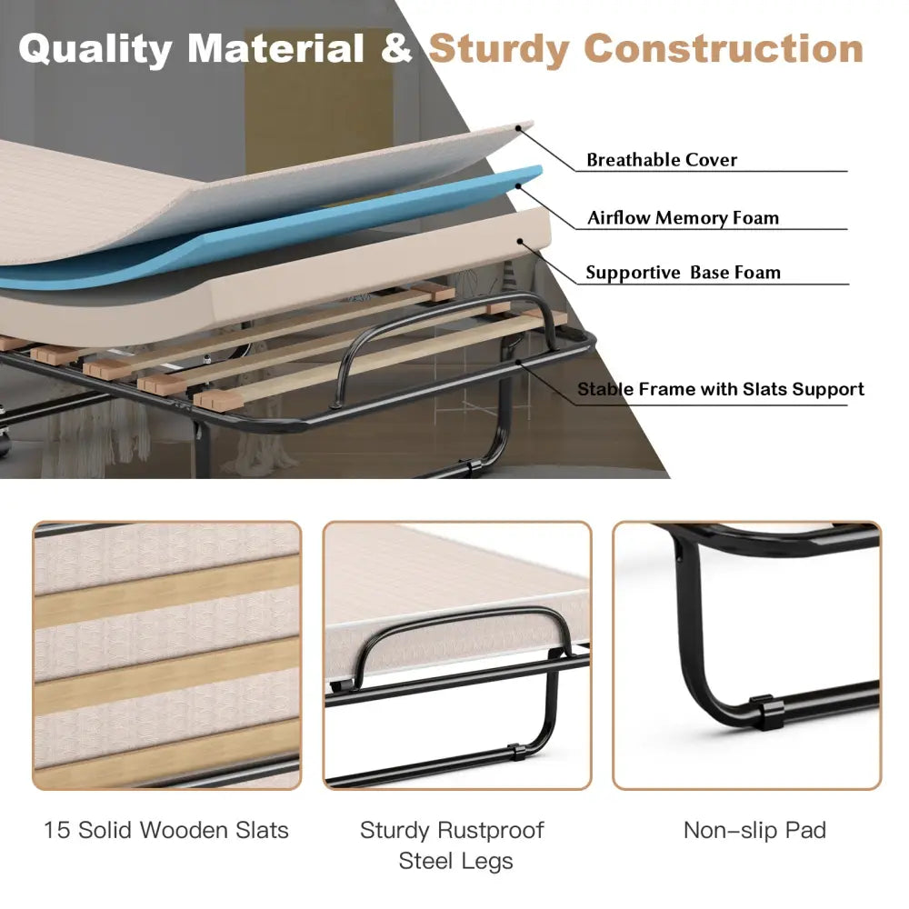 Portable Folding Bed with Memory Foam Mattress and Sturdy Metal Frame Made in Italy-Beige - Beige - Folding Beds