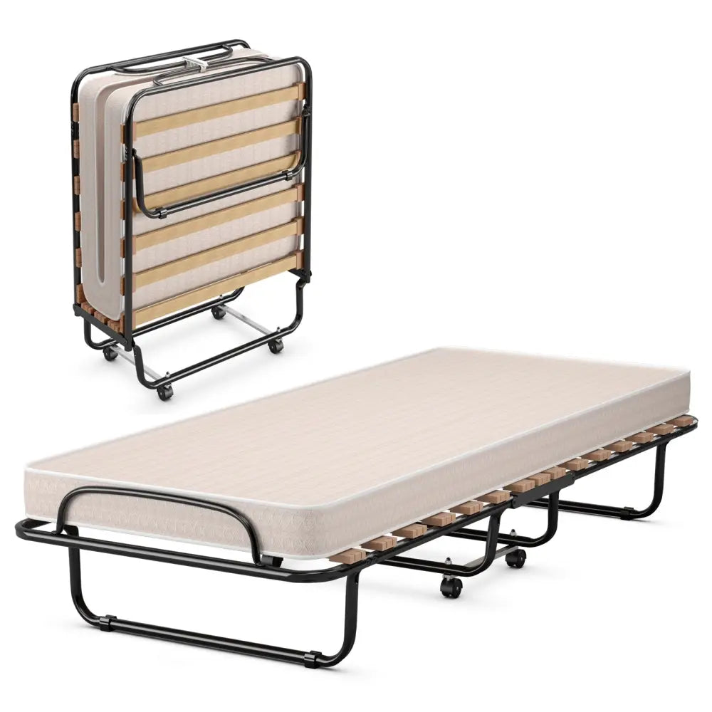 Portable Folding Bed with Memory Foam Mattress and Sturdy Metal Frame Made in Italy-Beige - Beige - Folding Beds