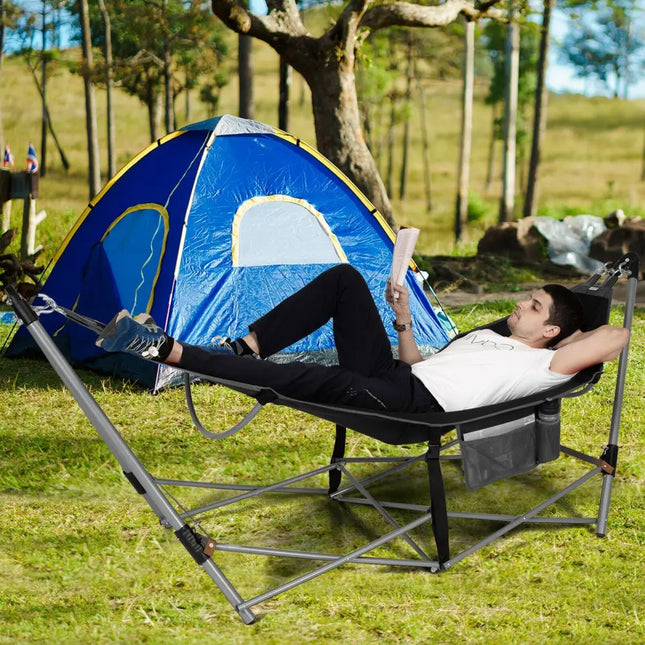 Portable Folding Hammock with Hammock Stand-Black - Black - Hammocks