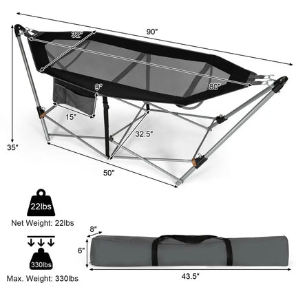 Portable Folding Hammock with Hammock Stand-Black - Black - Hammocks