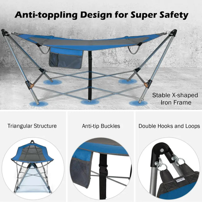 Portable Folding Hammock with Hammock Stand-Blue - Blue - Hammocks