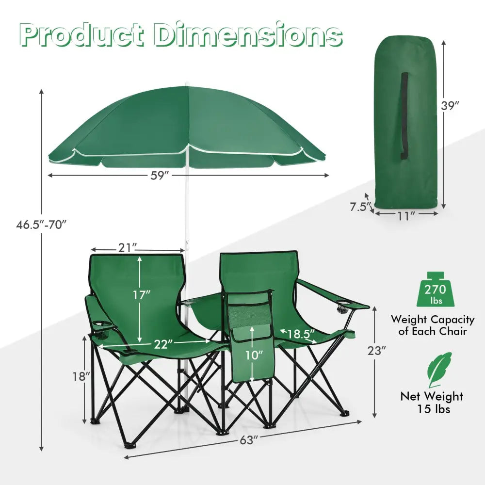 Portable Folding Picnic Double Chair With Removable Umbrella-Green - Green - Camping Furniture