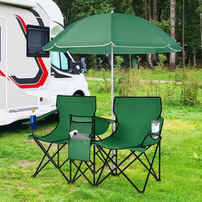 Portable Folding Picnic Double Chair With Removable Umbrella-Green - Green - Camping Furniture