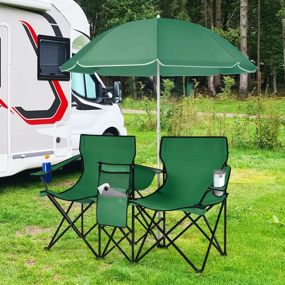 Portable Folding Picnic Double Chair With Removable Umbrella-Green - Green - Camping Furniture