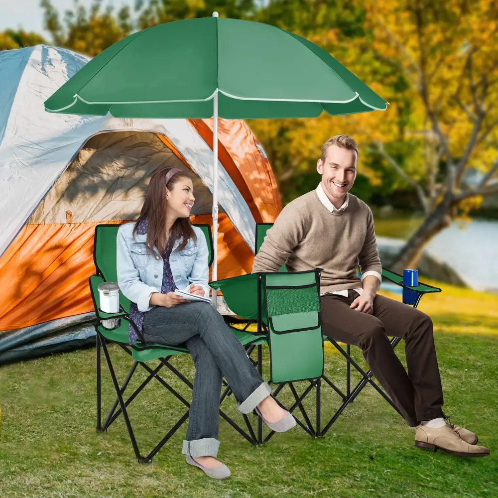 Portable Folding Picnic Double Chair With Removable Umbrella-Green - Green - Camping Furniture
