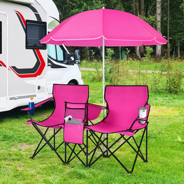 Portable Folding Picnic Double Chair With Removable Umbrella-Pink - Pink - Camping Furniture