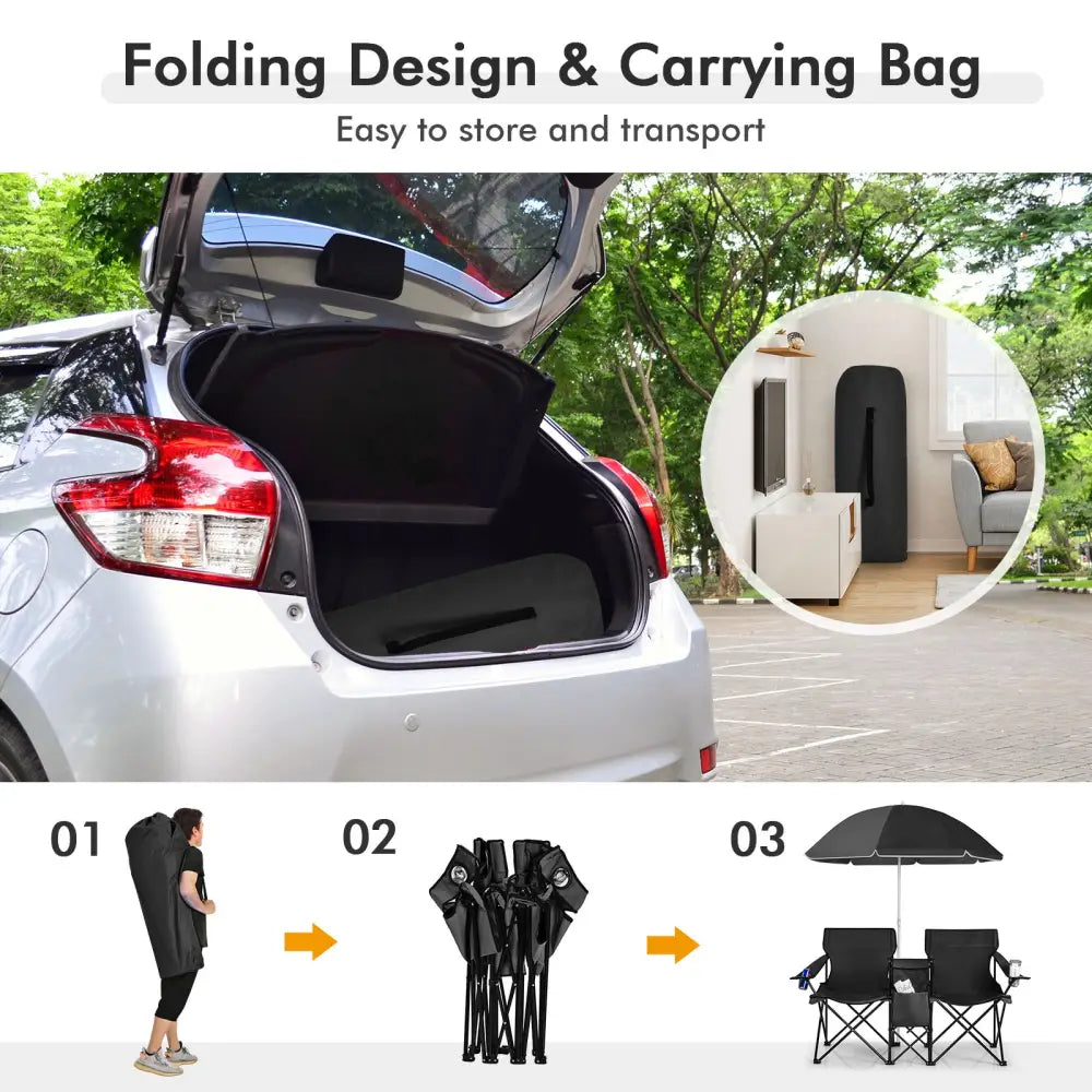 Portable Folding Picnic Double Chair With Umbrella-Black - Black - Camping Furniture