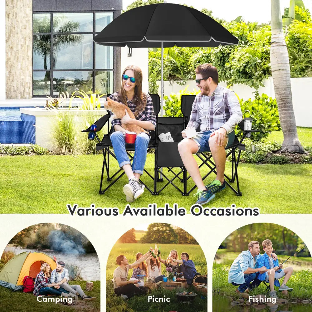 Portable Folding Picnic Double Chair With Umbrella-Black - Black - Camping Furniture