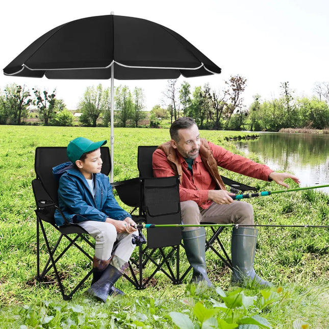 Portable Folding Picnic Double Chair With Umbrella-Black - Black - Camping Furniture