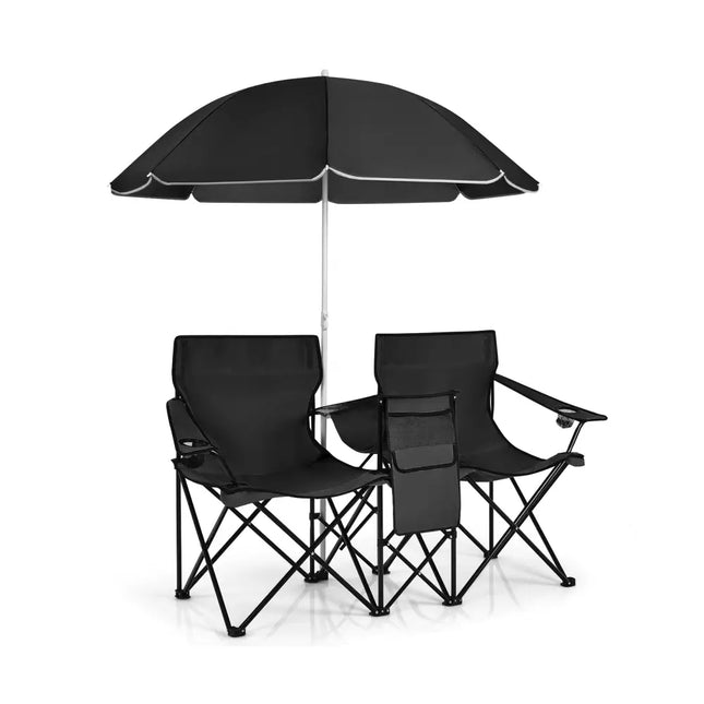 Portable Folding Picnic Double Chair With Umbrella-Black - Black - Camping Furniture