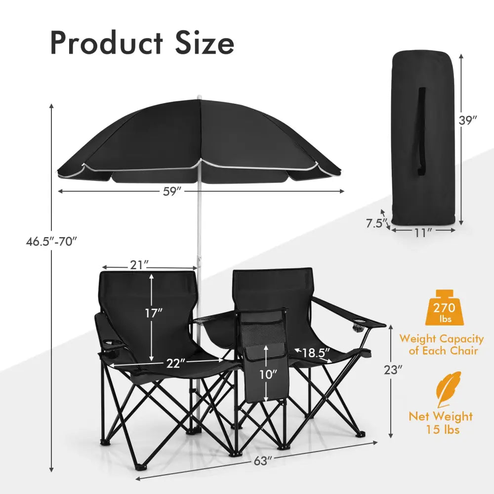Portable Folding Picnic Double Chair With Umbrella-Black - Black - Camping Furniture