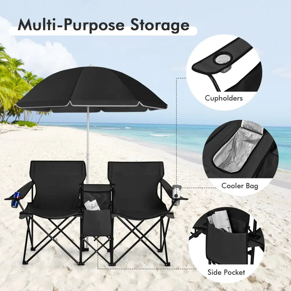 Portable Folding Picnic Double Chair With Umbrella-Black - Black - Camping Furniture