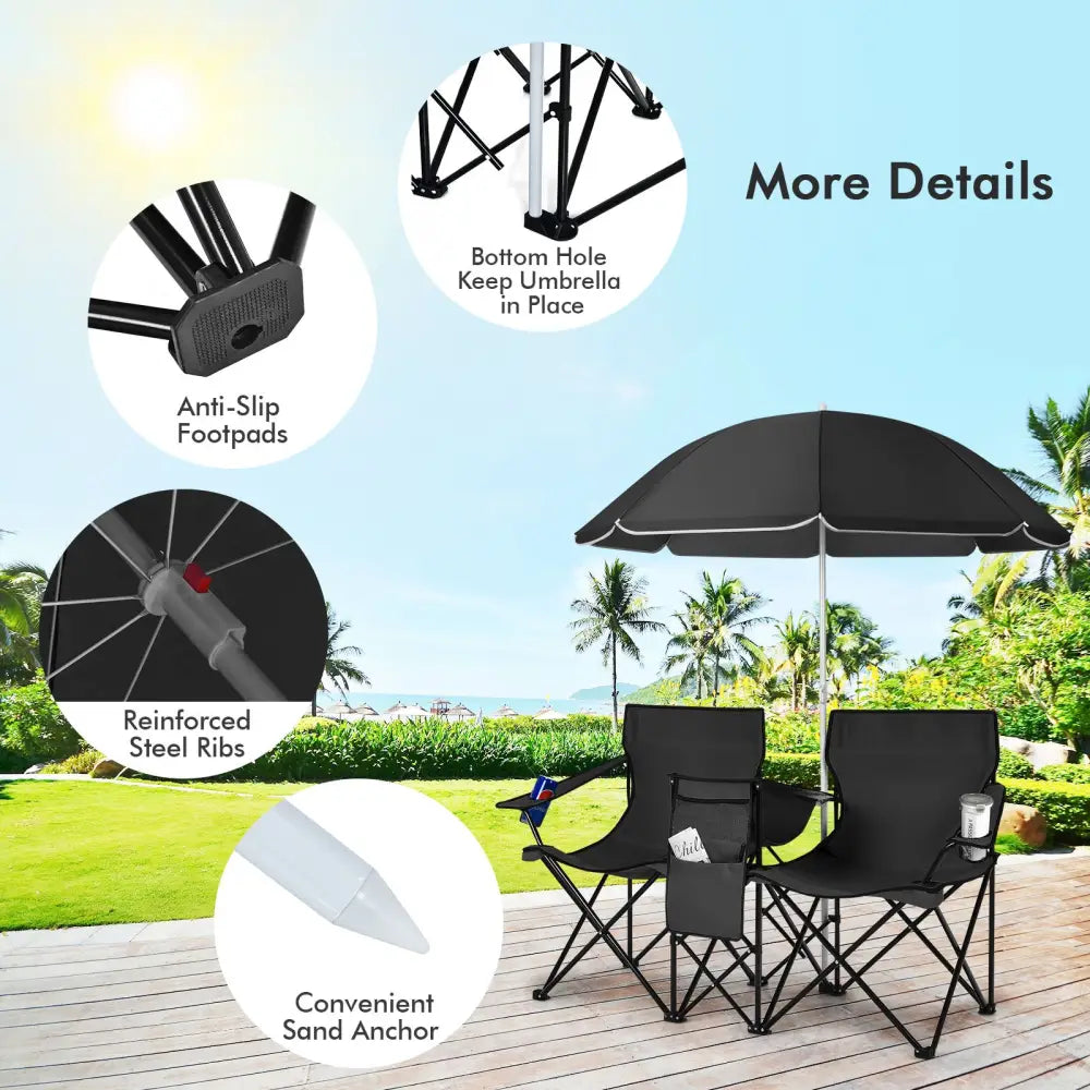 Portable Folding Picnic Double Chair With Umbrella-Black - Black - Camping Furniture