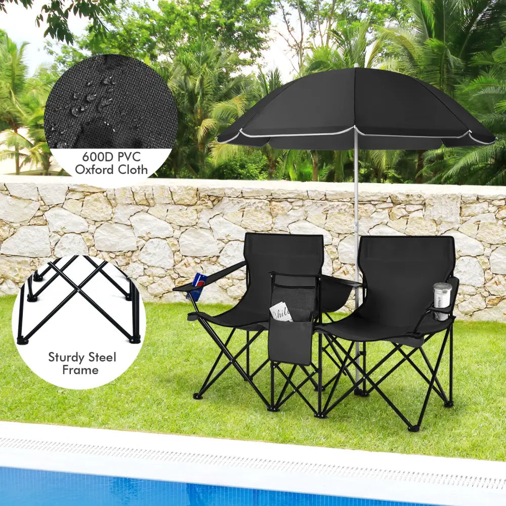 Portable Folding Picnic Double Chair With Umbrella-Black - Black - Camping Furniture