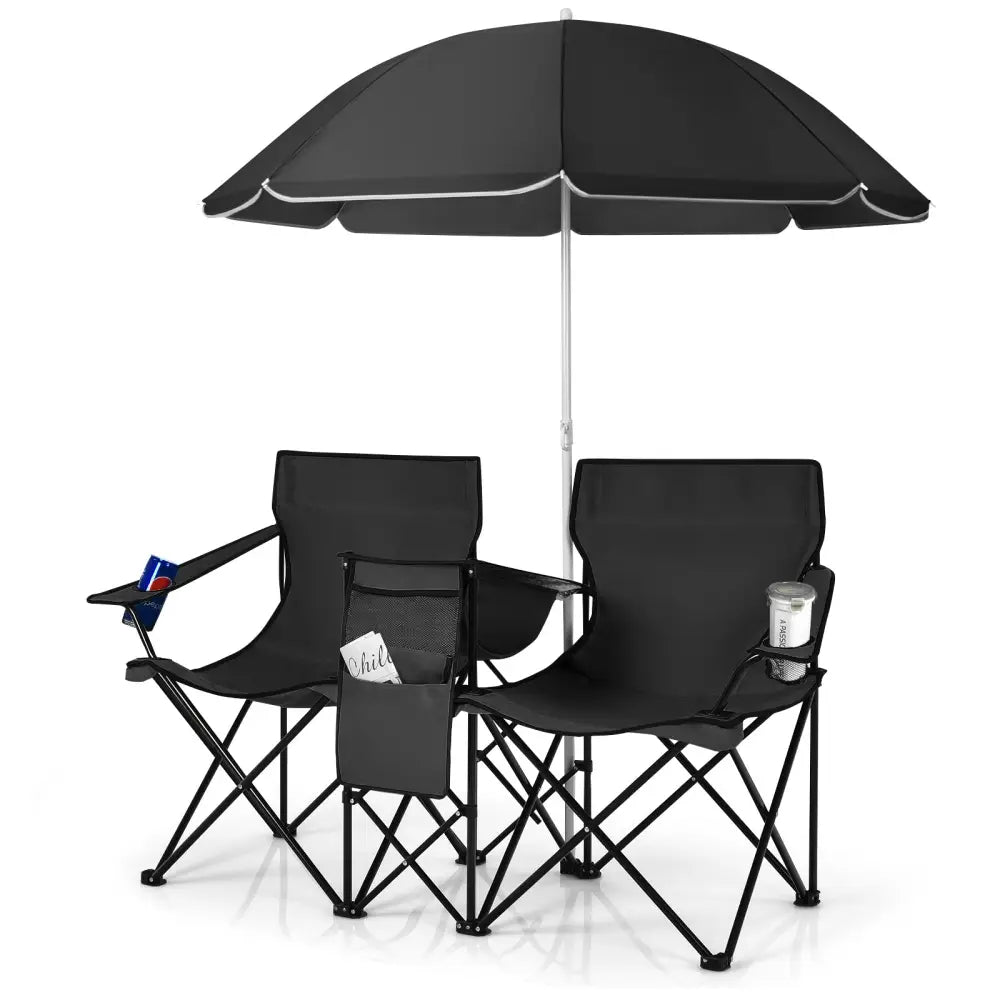 Portable Folding Picnic Double Chair With Umbrella-Black - Black - Camping Furniture