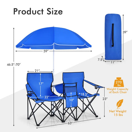 Portable Folding Picnic Double Chair with Umbrella-Blue - Blue - Camping Furniture