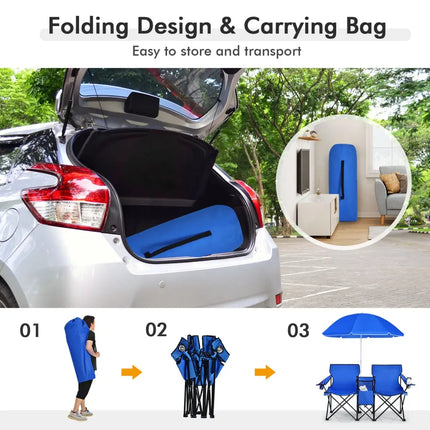 Portable Folding Picnic Double Chair with Umbrella-Blue - Blue - Camping Furniture