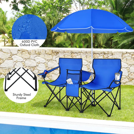 Portable Folding Picnic Double Chair with Umbrella-Blue - Blue - Camping Furniture