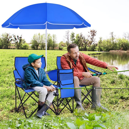 Portable Folding Picnic Double Chair with Umbrella-Blue - Blue - Camping Furniture