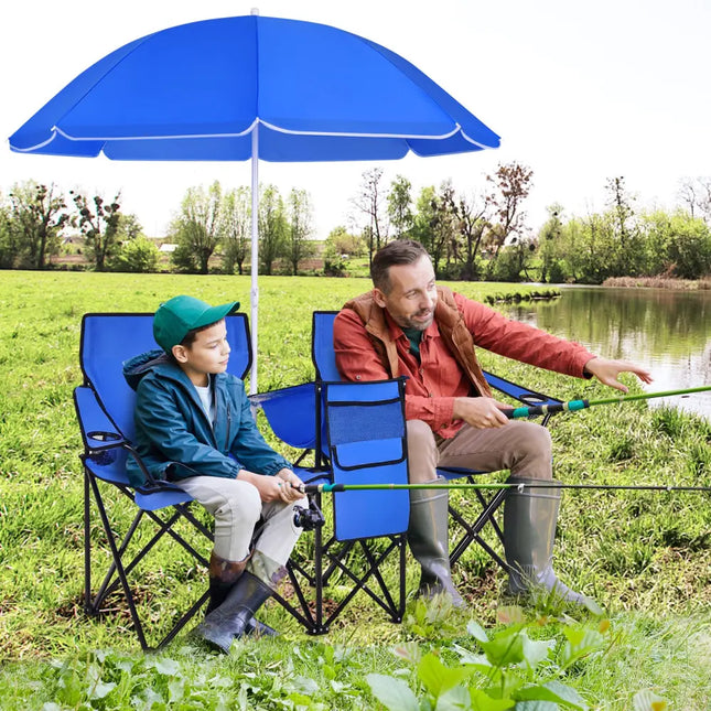 Portable Folding Picnic Double Chair with Umbrella-Blue - Blue - Camping Furniture