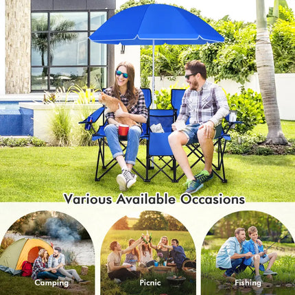 Portable Folding Picnic Double Chair with Umbrella-Blue - Blue - Camping Furniture