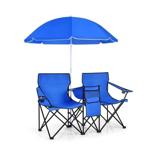 Portable Folding Picnic Double Chair with Umbrella-Blue - Blue - Camping Furniture