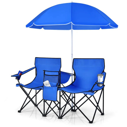 Portable Folding Picnic Double Chair with Umbrella-Blue - Blue - Camping Furniture