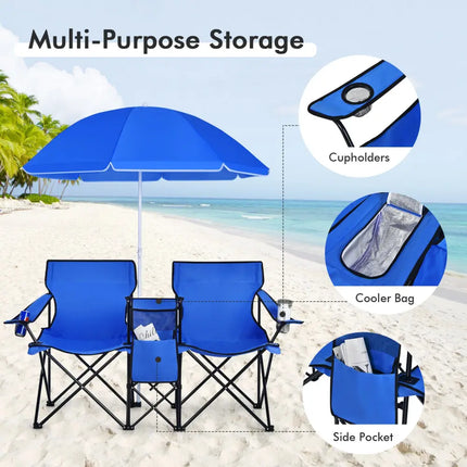 Portable Folding Picnic Double Chair with Umbrella-Blue - Blue - Camping Furniture