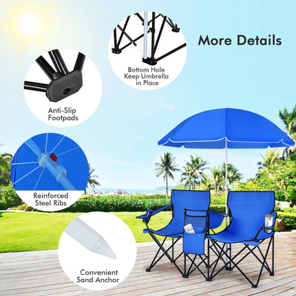 Portable Folding Picnic Double Chair with Umbrella-Blue - Blue - Camping Furniture