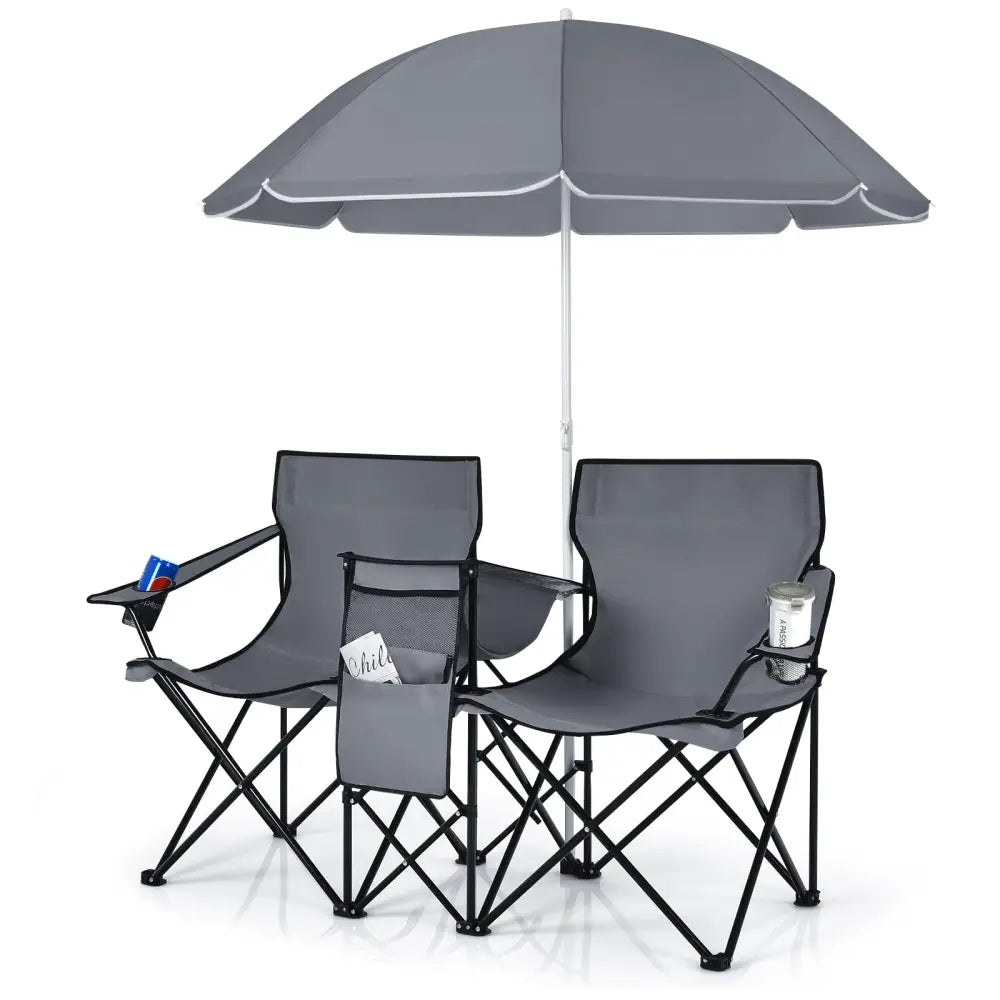 Portable Folding Picnic Double Chair With Umbrella-Gray - Gray - Camping Furniture