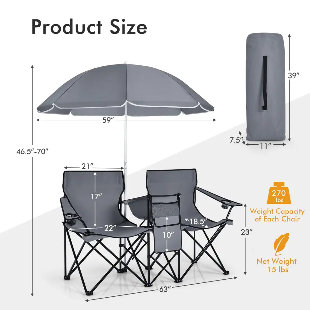 Portable Folding Picnic Double Chair With Umbrella-Gray - Gray - Camping Furniture